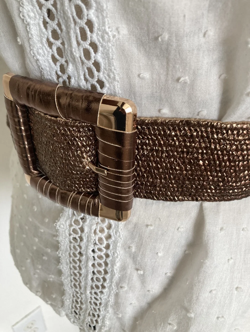 Corset Wide Woven Waist Belt Metallic Bronze Stretch Chunky Square Buckle S/M/L